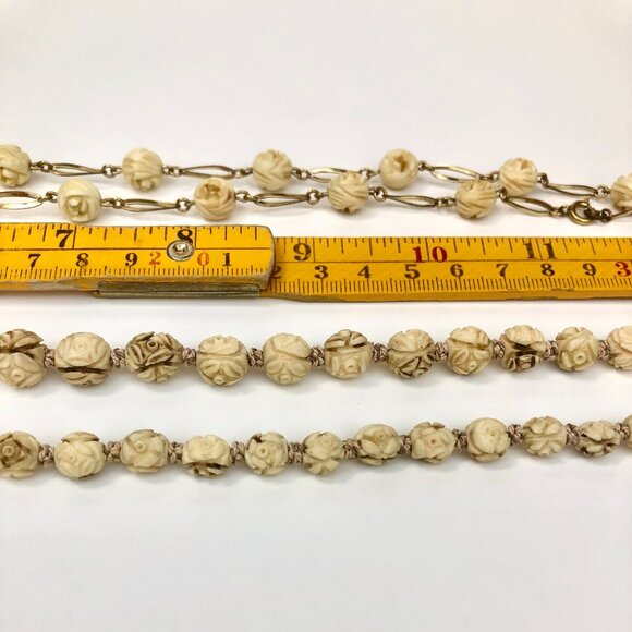 Vintage Bone Rose Boho Necklace Set (2) โ Hand-Carved Cabbage Roses, Silk Strand - Picture 6 of 11